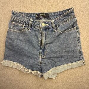 Hollister Ultra High-Rise Mom Shorts Womens 00 W24 Blue Denim Stretch Frayed Hem